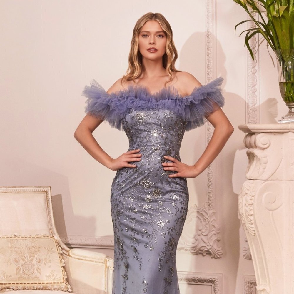 NEW FLOOR LENGTH OFF THE SHOULDER SLEEVELESS TULLE GOWN WITH ZIPPER BACK CD J818